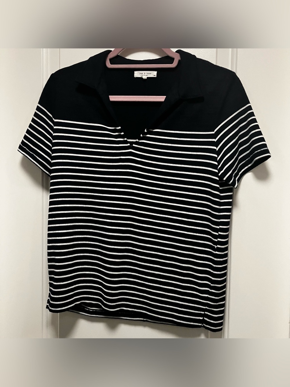 rag & bone New York Striped Polo Shirt Top Navy & White V-Neck Women's Size S